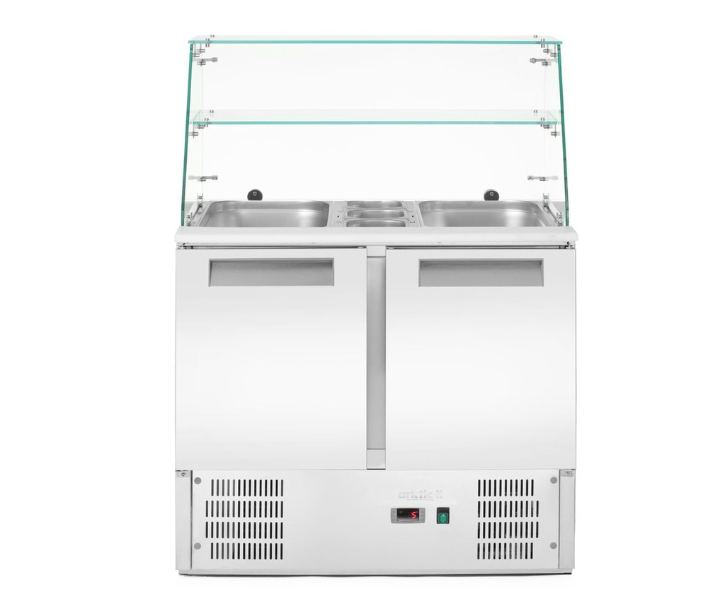 [BM-HENDI-236185] Šaldomasis salotų stalas su 2 durimis ir stikliniu antstatu, Arktic, Dviejų kamerų prekystalis, 146L, 230V/145W, 695x900x(H)1270mm