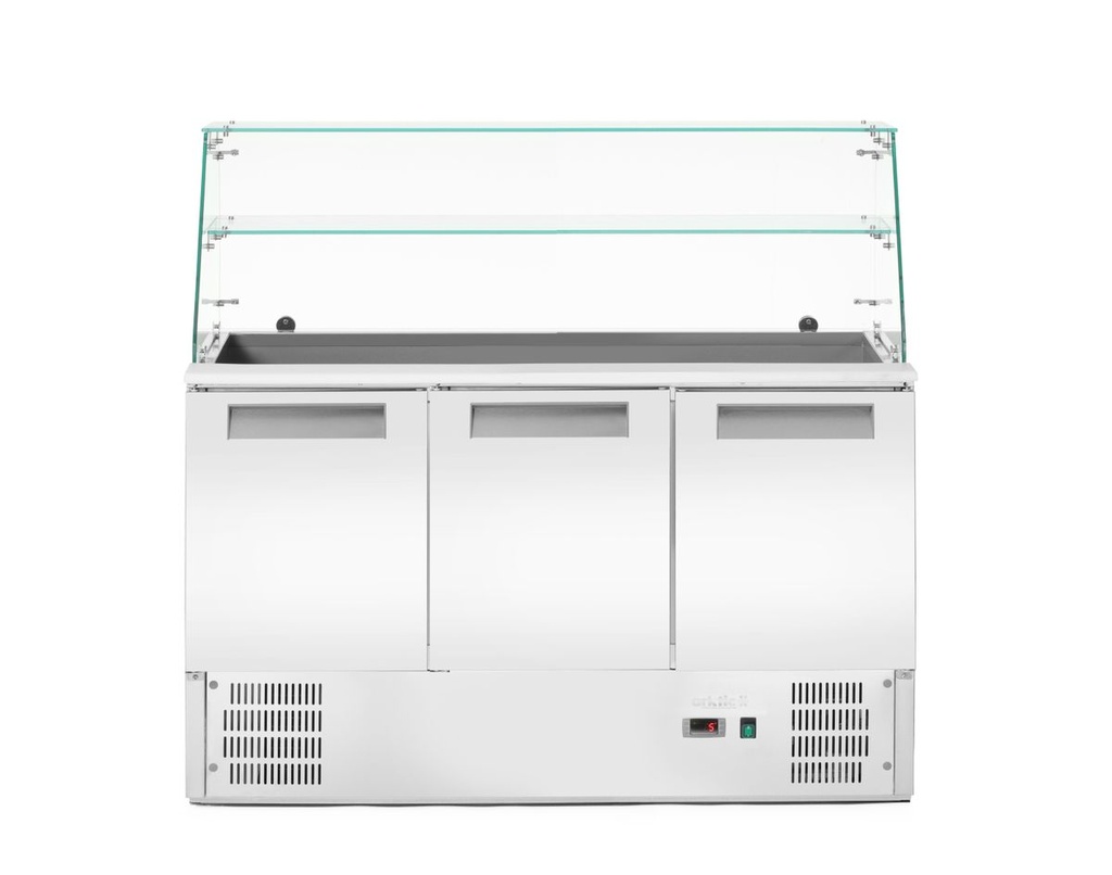 [BM-HENDI-236192] Šaldomasis salotų stalas su 3 durimis ir stikliniu antstatu, Arktic, 3 durų prekystalis su stikliniu antstatu, 219L, 230V/155W, 695x1365x(H)1270mm