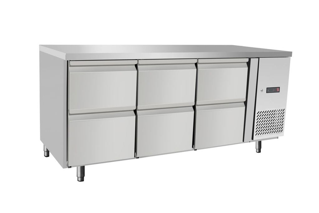 [BM-HENDI-237069] Šaldomas stalas, 6 stalčiai, Arktic, Be atraminio bortelio, 204L, 230V/400W, 700x1795x(H)840mm