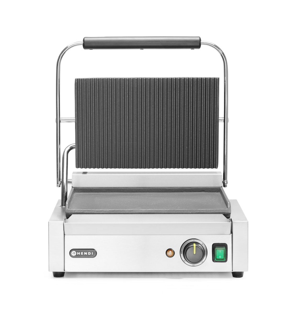 [BM-HENDI-263662] Kontaktinis grilis Panini, HENDI, rantytas viršus ir lygi apačia, 230V/2200W, 430x375x(H)216mm