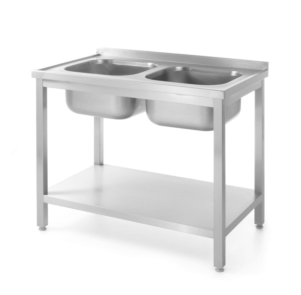 [BM-HENDI-811887] Stalas su 2 plautuvėmis ir lentyna – surenkamas, gylis 600 mm, HENDI, Profi Line, 1000x600x(H)850mm